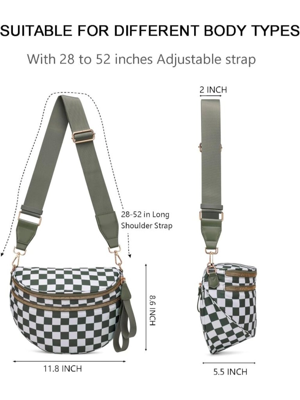 Women's Beans Green Spacious Checkered Double-Zipper Compartments Crossbody Bags - Picture 3 of 6